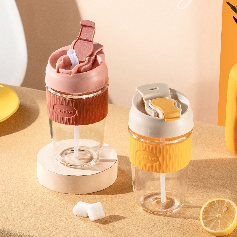 Holiven Botol Minum Kaca INS Unisex Dengan Sedotan 400ml