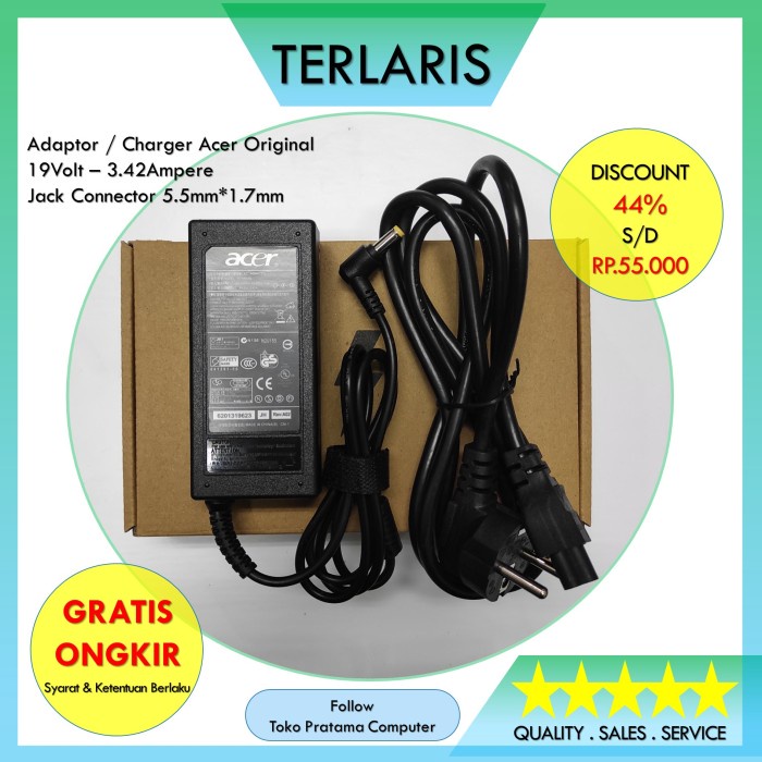 Adaptor/Charger Laptop/Notebook Acer Original 19V-3,42A Bonus Kabel Power
