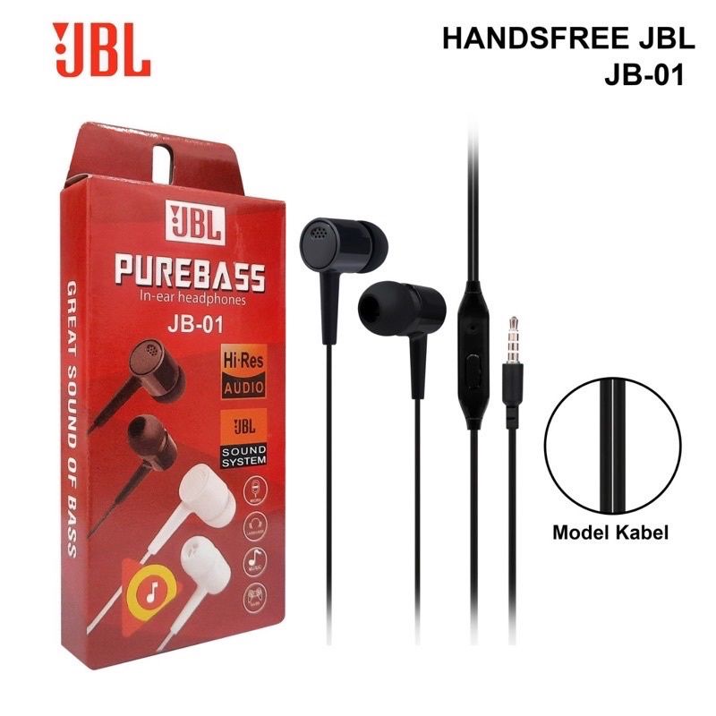 Headset JBL Purebass JB-01 Hitam Putih Hf music Audio JB01 Earphone