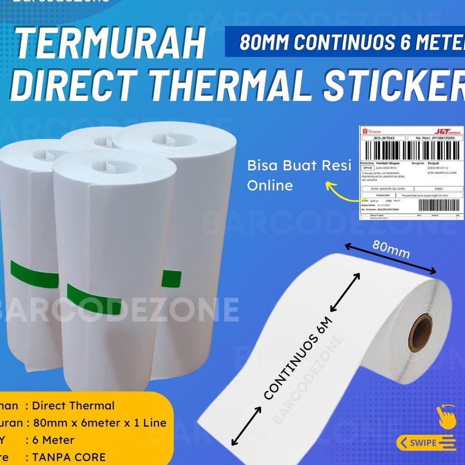 

➡lp Murah Banget✴➷ KERTAS LABEL STICKER THERMAL Continuous 80mm x 37mm Core 10mm- 6 Meter R61