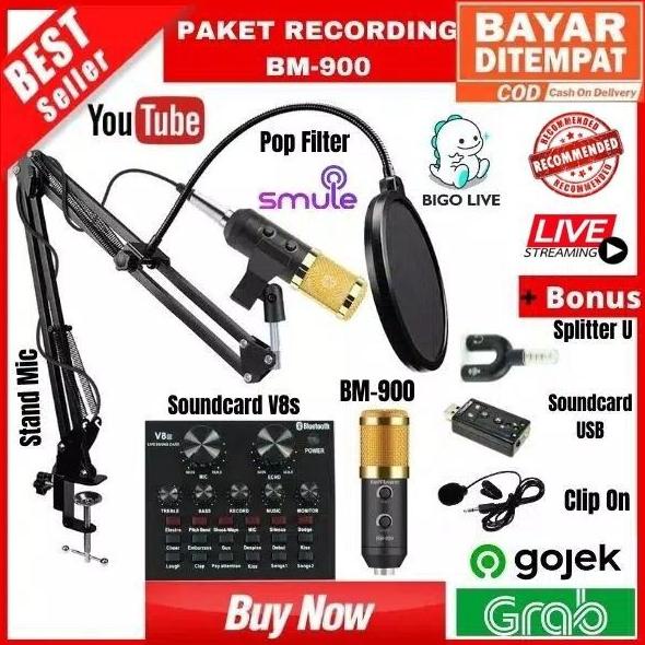 Terbaru Paket Recording Microphone Mic Bm 900 Pop Filter Soundcard V8U Arm Stand Mic Clip Splitter U