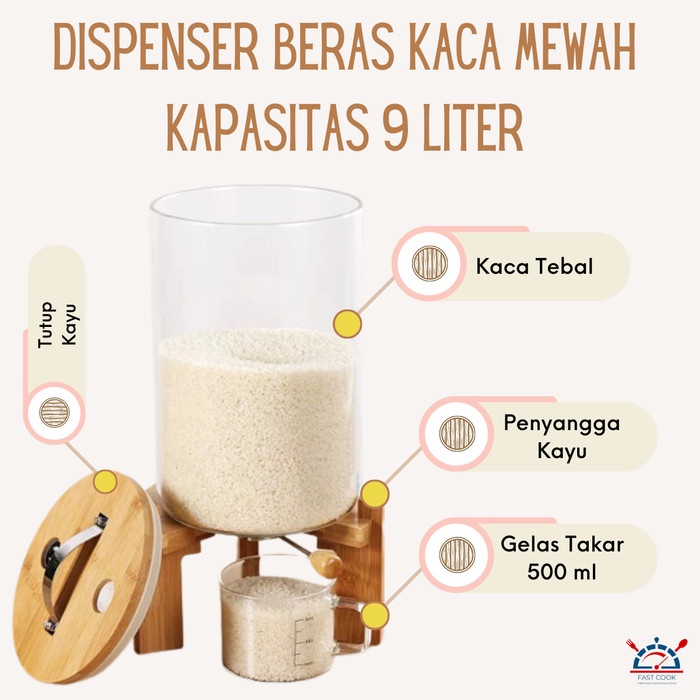 Terlaris Tempat Beras Dispenser Beras Rice Storage Kaca Kapasitas 7,5Kg Estetik