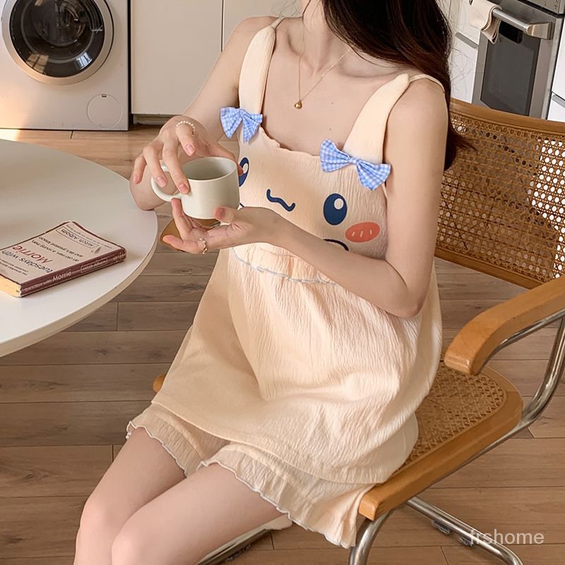 Piyama wanita dengan bretel bantalan dada celana pendek setelan bagian tipis kartun lucu gadis manis