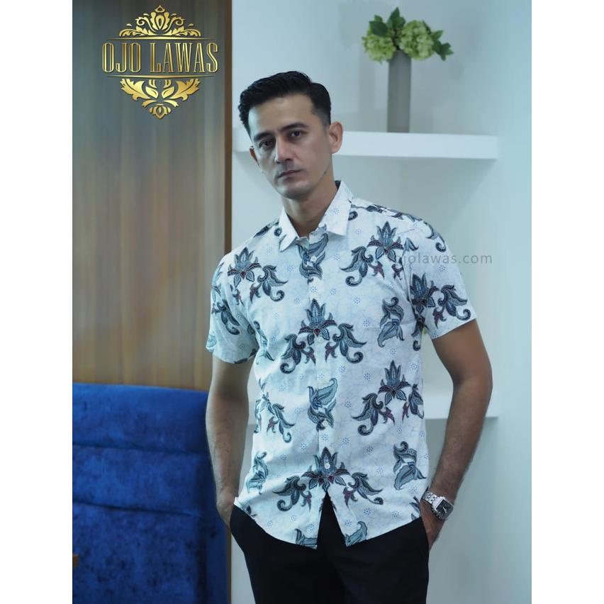 Sale Baju Batik Lengan Pendek Model Slim Fit Batik Pria Warna Putih Baju Batik Slimfit Bahan Premium