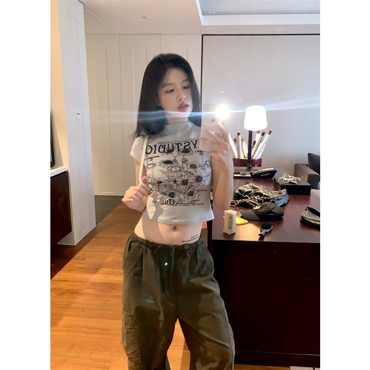 Red Amerika Cetak Huruf Lengan Pendek Setengah Tinggi Kerah Top Wanita Musim Panas Gadis Pendek Slim Seksi Putih Pusar t-shirt