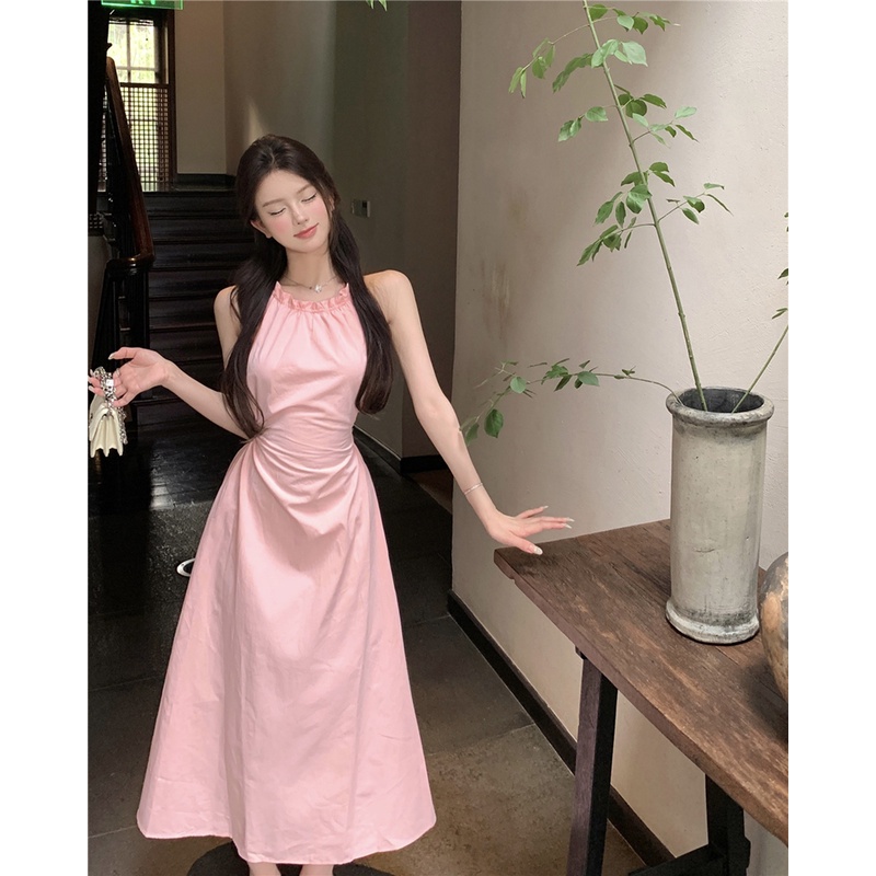 Red Hong Kong rasa pink menggantung leher gaun musim panas wanita rasa desain tali seksi pinggang ramping temperamen ramping rok panjang