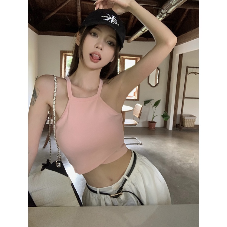 Red Putih Kamisol Pakaian Wanita Musim Panas Manis Dingin Spice Girl Keinginan Murni Seksi Menggali Bahu Aku Berbentuk Pendek top Pakaian Luar