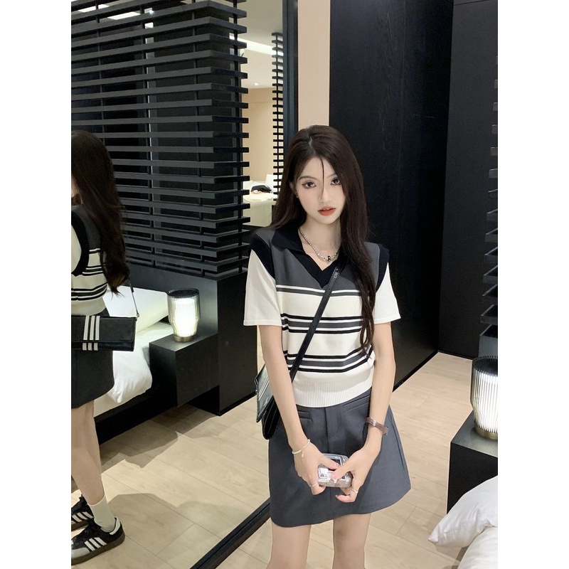 Red Fashion wanita musim panas baru pelangsing palsu dua potong kerah polo sweater top setengah panjang rok pendek set dua potong