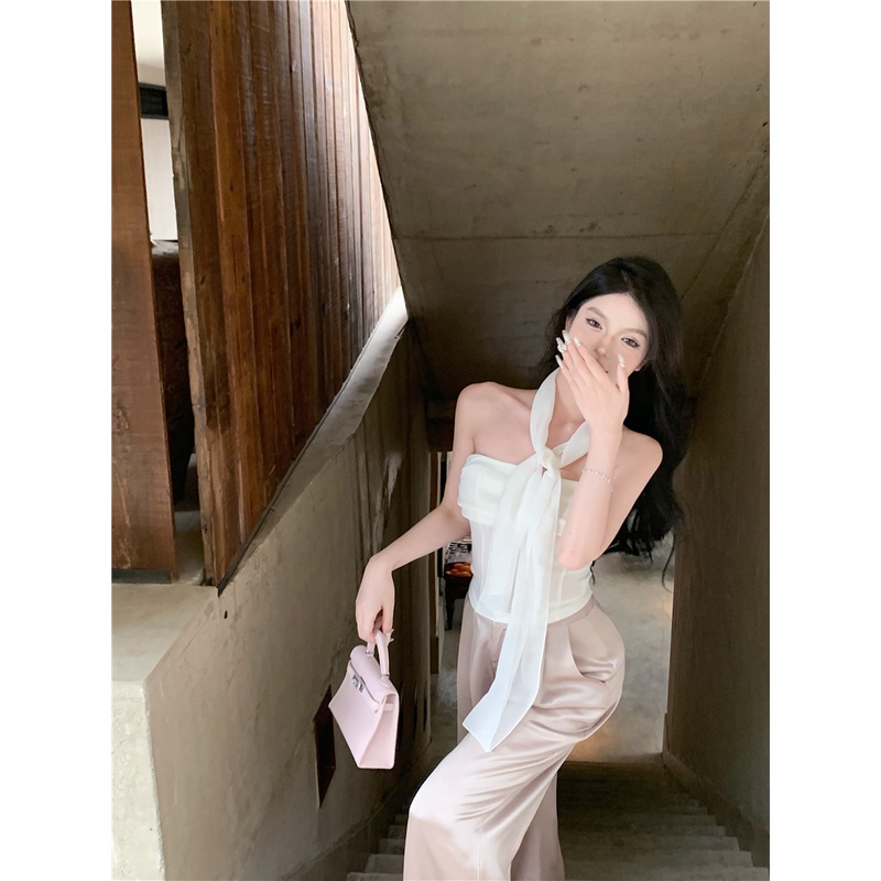 Red Gaya Hong Kong Putih Streamer Tube Top Top Wanita Musim Panas Gadis Panas Angin Desain Tinggi Pinggang Menggantungkan Lebar kaki Celana Dua Potong Set