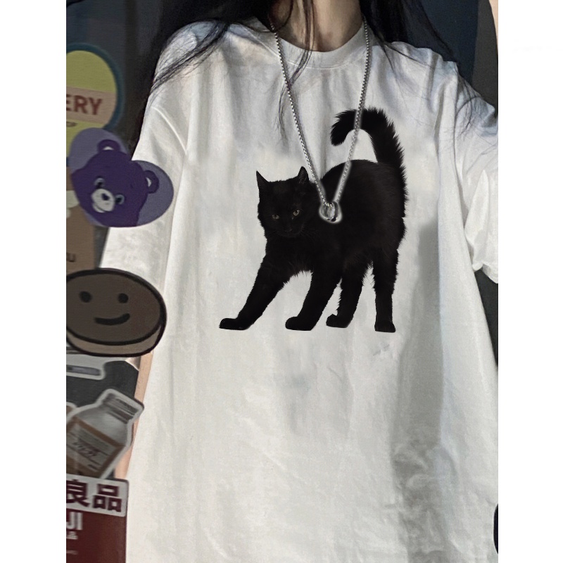 EUNII T-shirt Lengan Pendek Cartoon Black Cat Korean Style/Kaos Atasan Wanita/Baju Kaus Oversize Wanita/Kaos Wanita