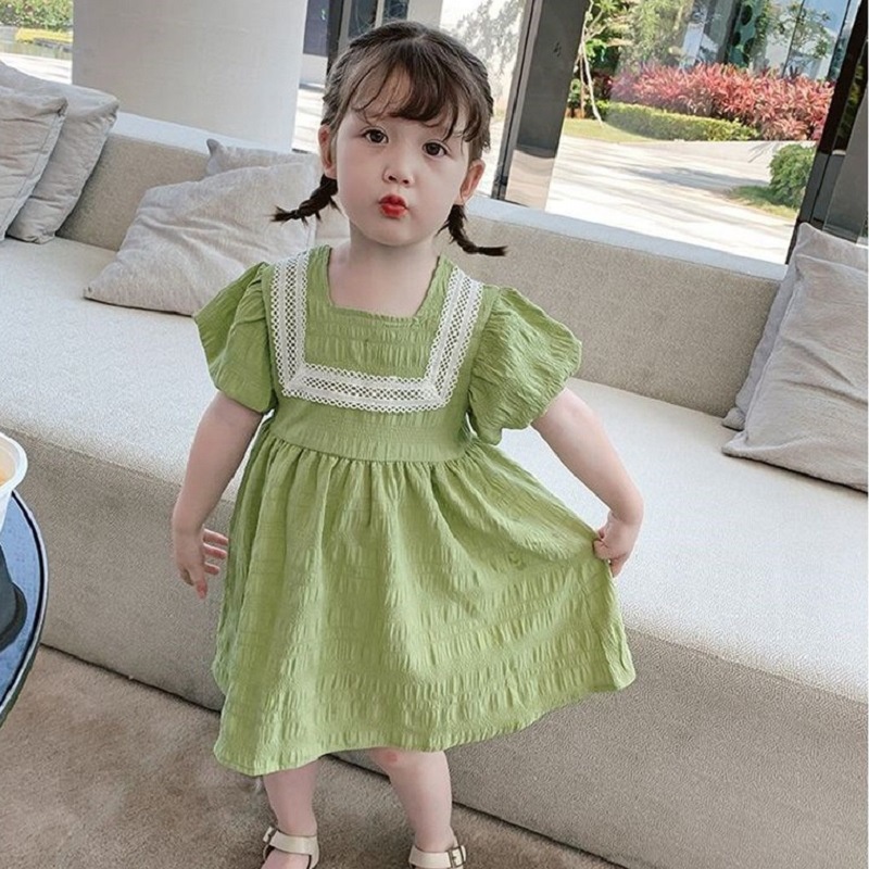 3-8 Tahun Dress Anak Kecil Perempuan Bunga Lengan Pendek Gaya Retro Dress Anak impor Cewek Cewek Bunga Lengan Pendek