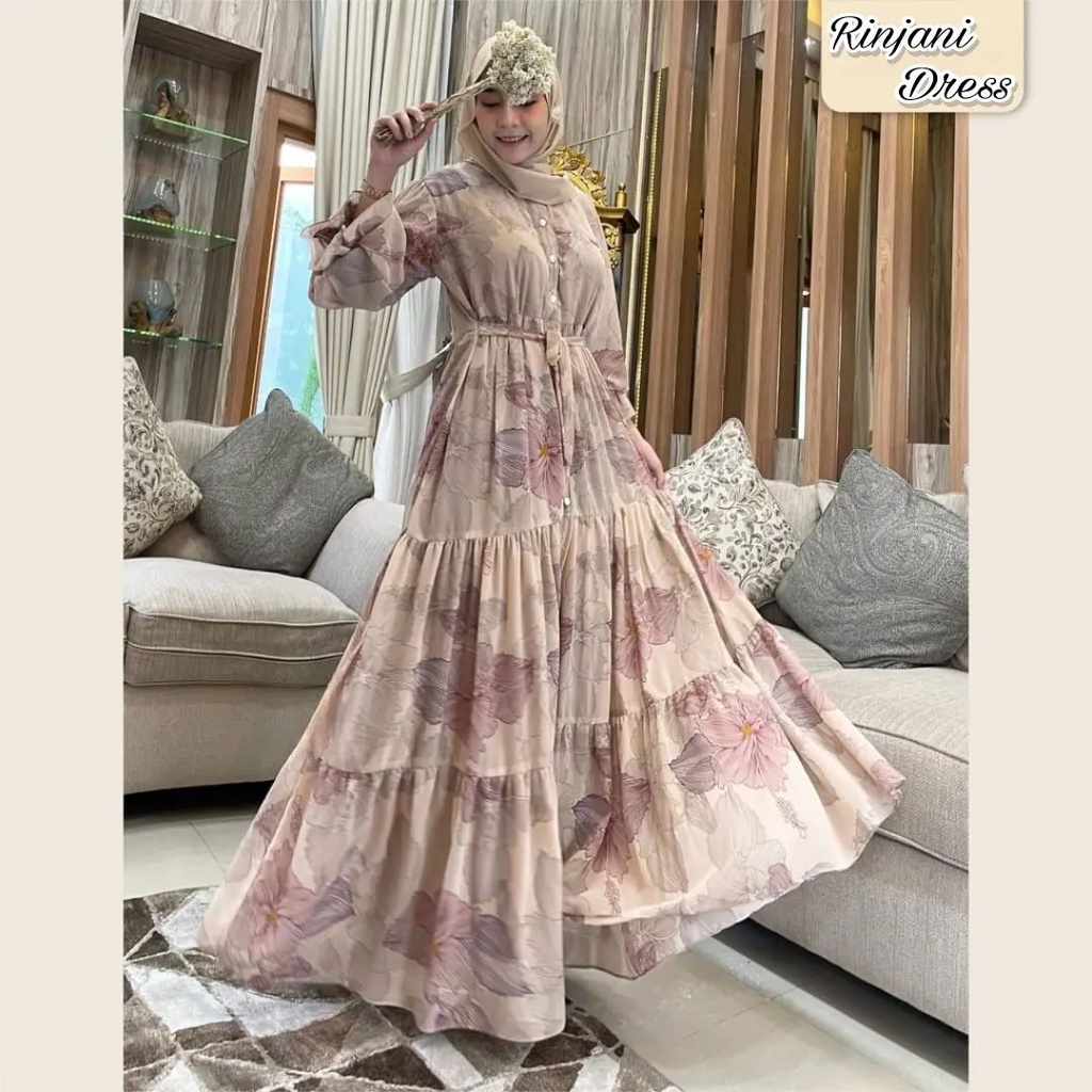 Rinjani Dress Gamis Ceruty Motif Bunga Printing Premium Jumbo Busui Terbaru