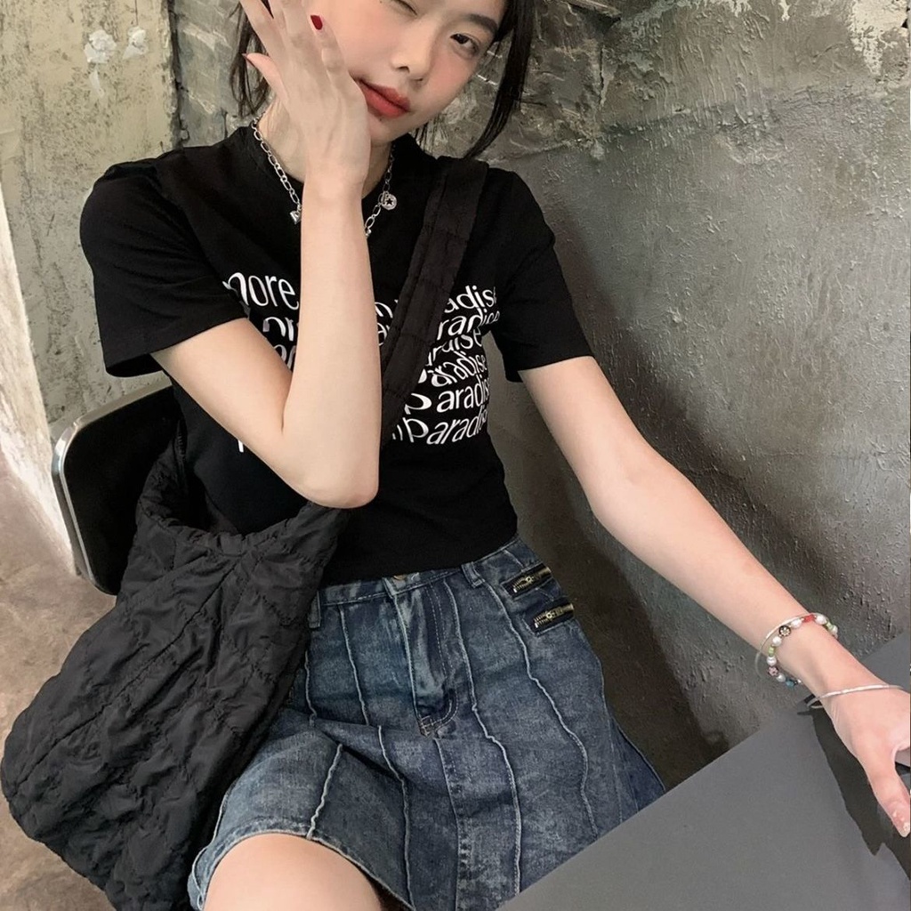 Red High Waist Thin Top [Kapas] INS Trendi Retro American Letter Printing Hot Girl Black Lengan Pendek T-shirt Wanita