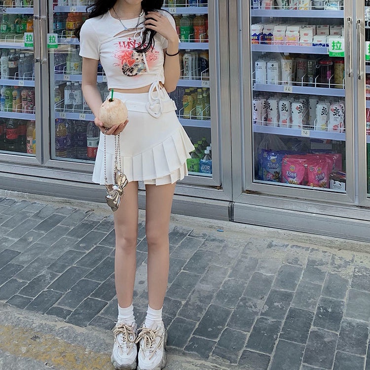 Red Gambar Solusi WAHJUIS Meow Meow Gas Desain Lengan Pendek T-shirt Wanita Musim Panas Serut Berongga Pendek Pusar Atas