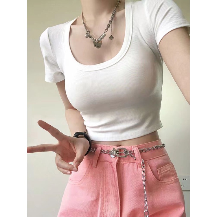 Red Kapas Murni Pendek Slim Slim-Fit Pusar Bahu Depan Lengan Pendek T-shirt Perempuan Hot Gadis Murni Keinginan besar Garis Leher Top U-Leher T-shirt Musim Panas