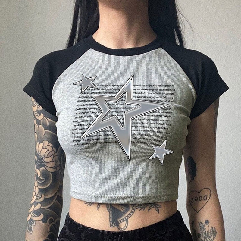 Red Rapcopter American retro star print T-shirt wanita warna hit lengan raglan rajutan benang hot girl atasan lengan pendek