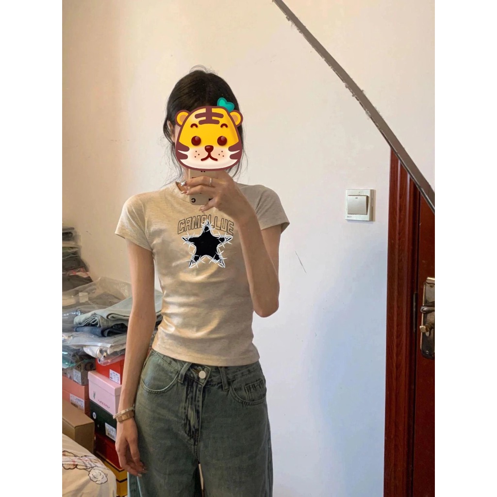 Red Tidak Bocor Pinggang dan Bahu Kaos Wanita Lengan Pendek Musim Panas Pakaian Wanita American Retro Hot Girl Menutupi Perut slim Slim Top