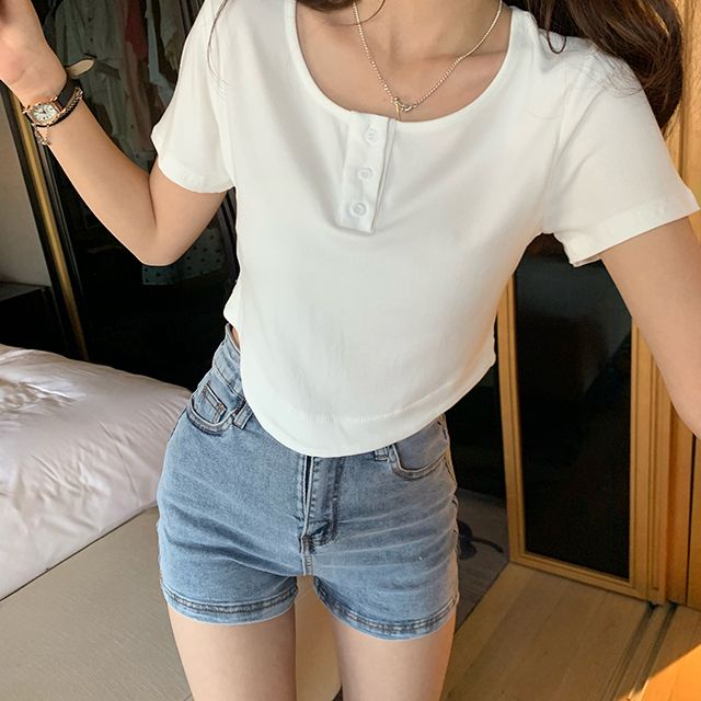 Red Bahu Depan Kerah Persegi Setengah Terbuka Tombol Slim Fit Lengan Pendek 2023 Slim Pullover Hot Girl Pendek Melengkung top T-shirt