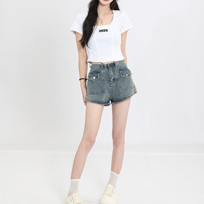 Red Retro Pure Desire Spice Girl Gaya Melengkung Pinggang Perban Atasan Pendek Wanita Slim Tulang Ikan Slim Leher Bulat Lengan Pendek T-Shirt