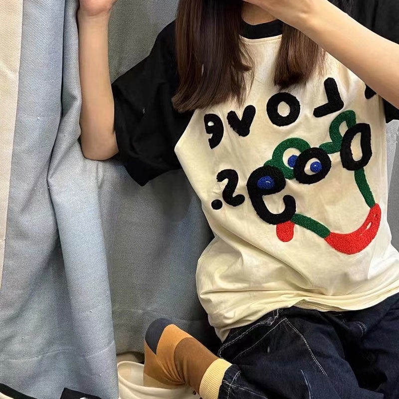 Red [100% katun] ins net merah musim panas handuk anak anjing baru bordir splicing longgar leher bulat lengan pendek t-shirt fashion wanita