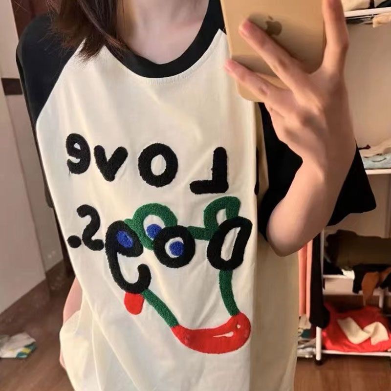 Red [100% katun] ins net merah musim panas handuk anak anjing baru bordir splicing longgar leher bulat lengan pendek t-shirt fashion wanita