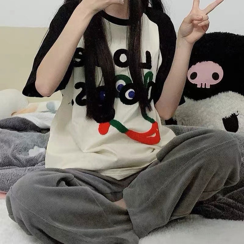 Red [100% katun] ins net merah musim panas handuk anak anjing baru bordir splicing longgar leher bulat lengan pendek t-shirt fashion wanita