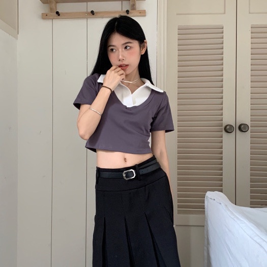 Red Palsu dua potong warna kontras bahu depan polo shirt versi Korea dari katun murni lengan pendek t-shirt wanita musim panas hot girl slim pendek top pasang