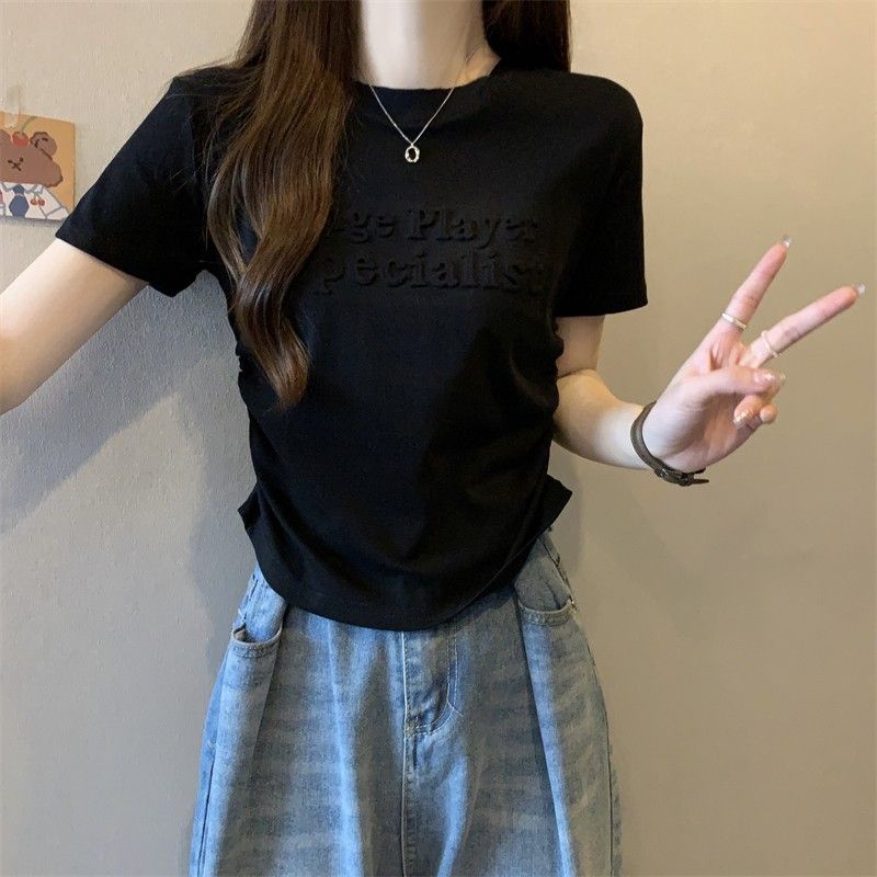 Red Katun murni huruf tiga dimensi pendek t-shirt wanita musim panas rasa desain niche chic atasan ramping dan kecil tidak beraturan