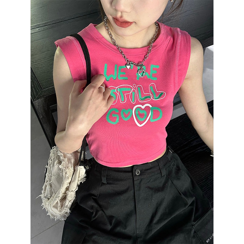 Red High Street Rose Pink Kecil Rompi Wanita Gadis Panas Fashion Pelangsing Kapas Tanpa Lengan Pendek Atasan Musim Panas Gaya Baru