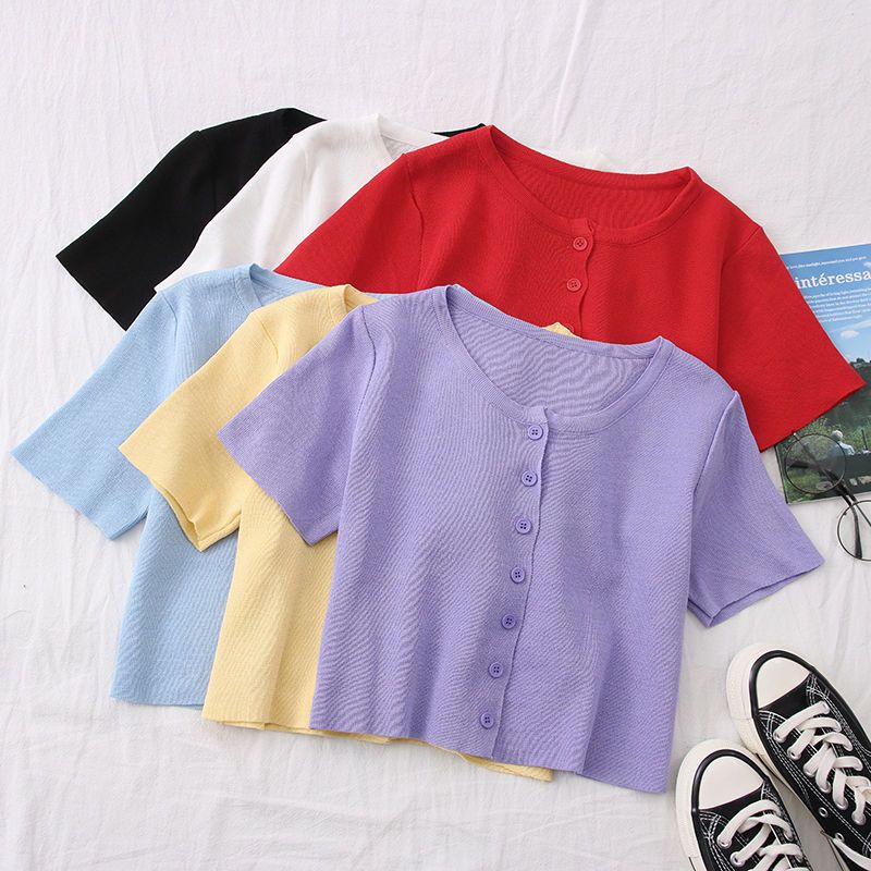 Red 2023 baru musim semi dan musim panas versi Korea dari ins malas angin sweater rajut pendek cardigan top longgar lengan pendek T-shirt wanita pasang