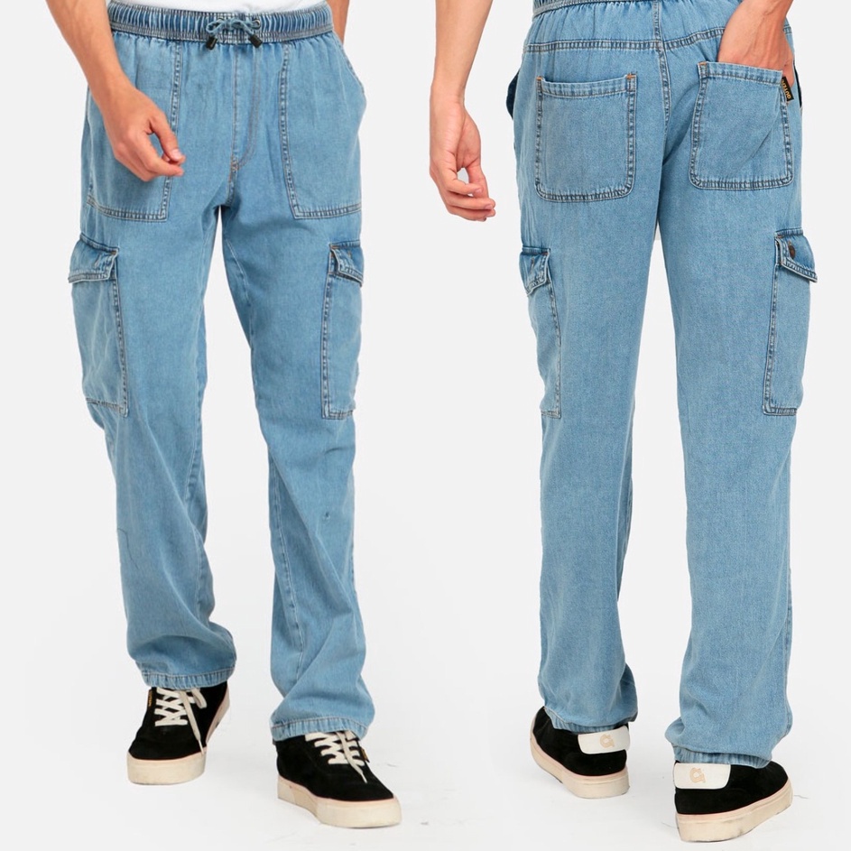 GutenInc - Celana Cargo Pria Ronald Straight Cargo Blue Wash Pants Guten