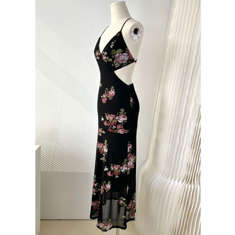 Red Retro rose print feminin seksi buka kembali tas pinggang kecil hip sling fishtail gaun panjang gaya baru