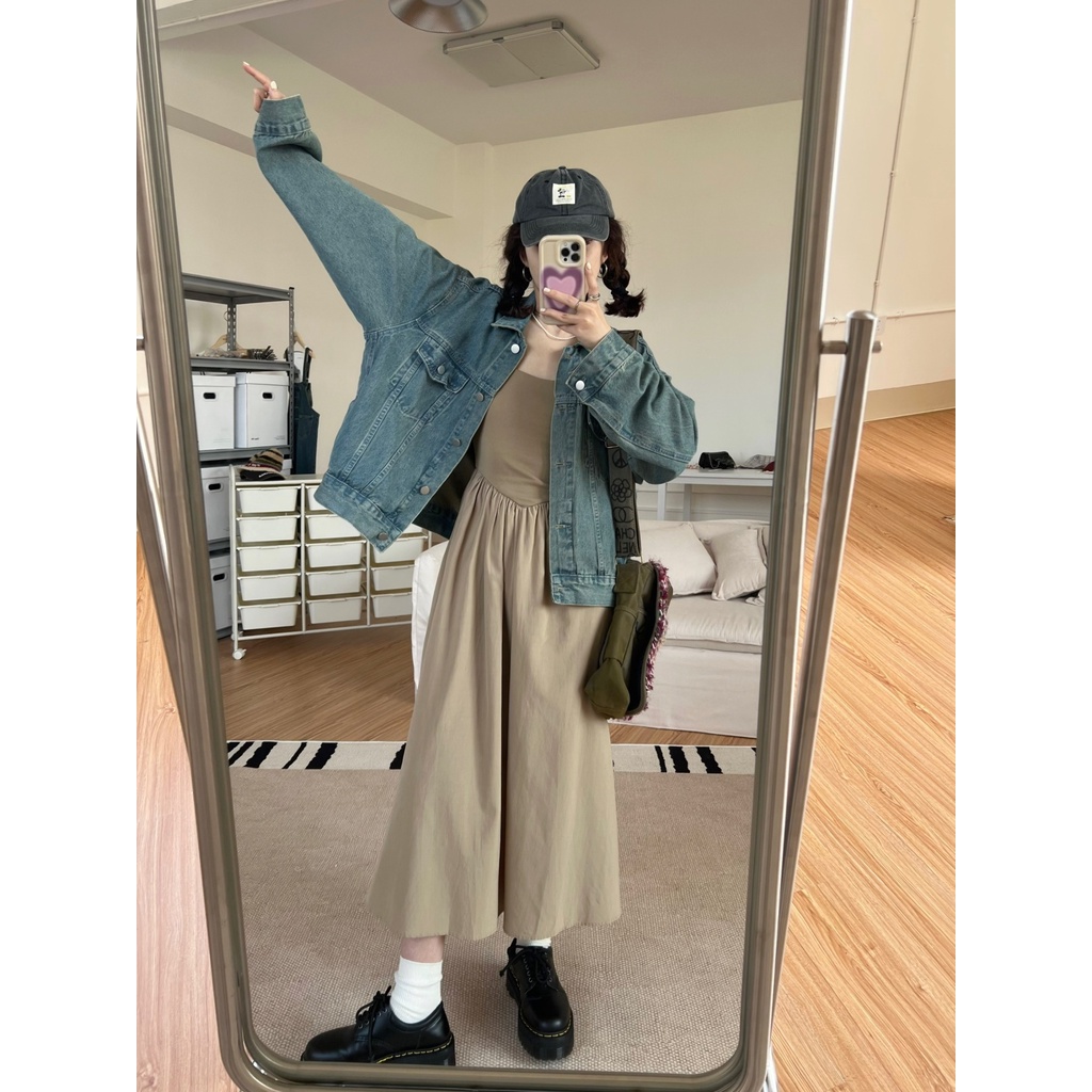 Red ourbase suspender dua warna malas gaun panjang bagian tipis dan ceruk temperamen all-match gaun lembut musim panas wanita gaya baru