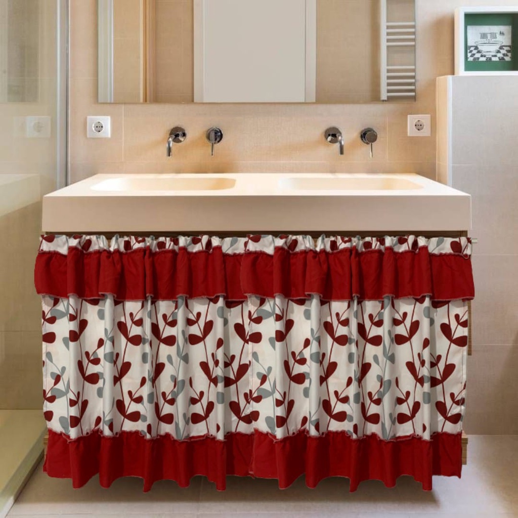 Gorden kolong dapur motif daun merah | Gorden minimali | Bisa custom size | Tirai kolong dapur