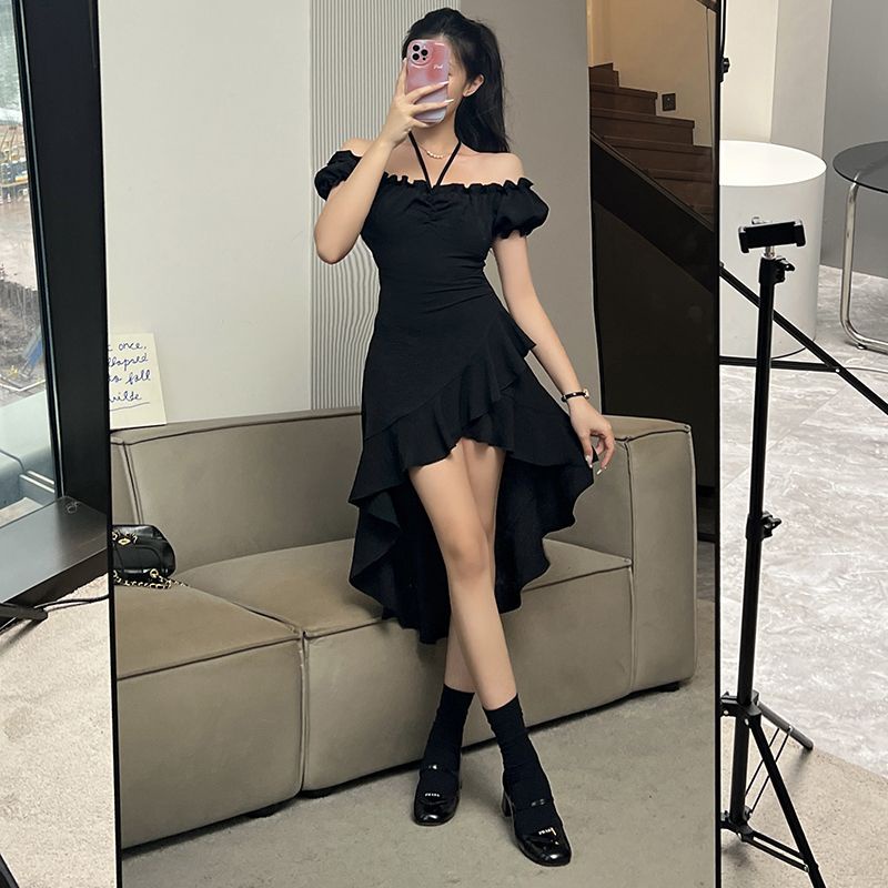Red beyouare hitam mengacak-acak gaun wanita musim panas baru rok seksi pinggang satu bahu wanita