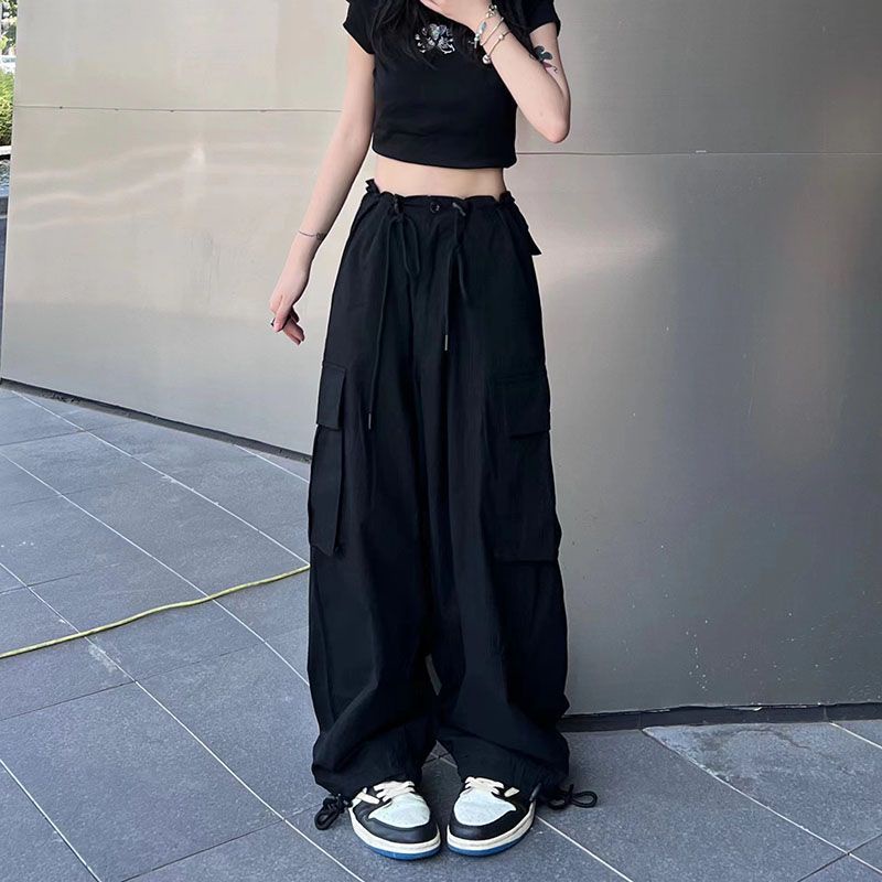 Red American retro hitam lebar kaki overall celana kasual wanita musim panas bagian tipis pinggang tinggi celana olahraga longgar celana berkelompok