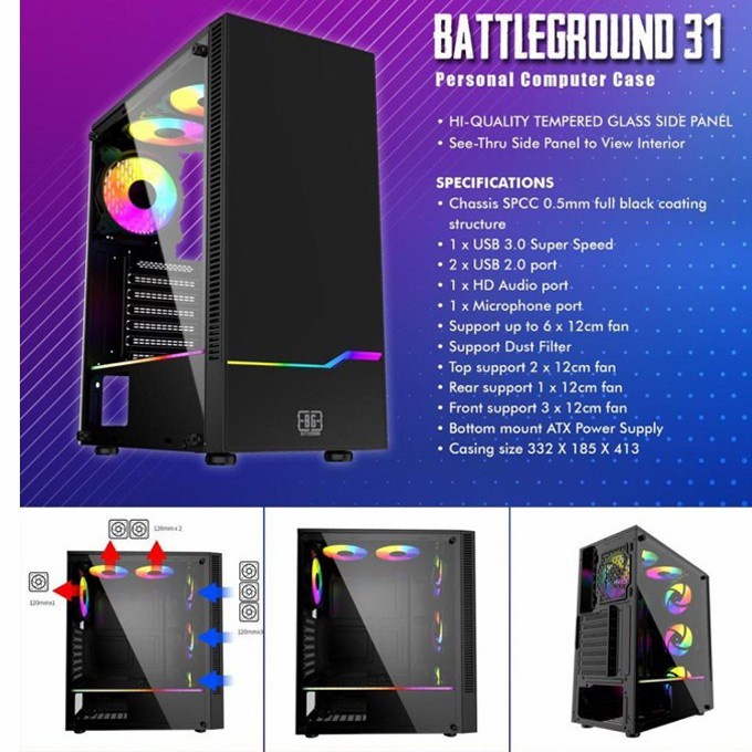 Casing Simbadda Battleground BG 31 RGB LED Panel ATX USB 3.0