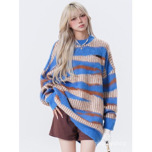 [✅BISA COD] #Sisjuly# Sweater wanita / jumper bergaris-garis vintage yang berbenturan dengan wanita