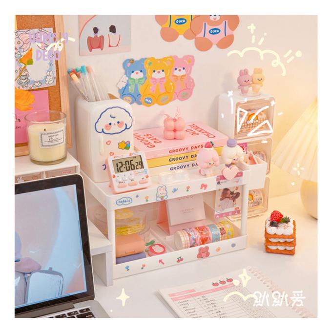 

2 Tier Study White Rack Organizer Aesthetic Korean Style