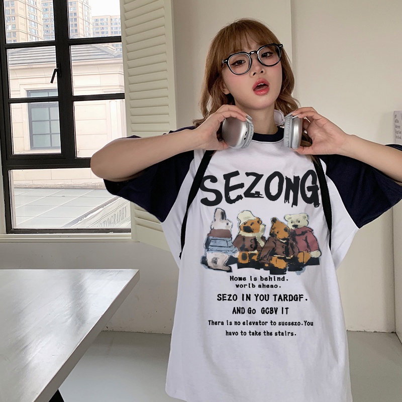 Print T-shirt Kaos Lengan Pendek Cartoon Sezo Bear Printing Oversize Atasan Wanita Korean Style