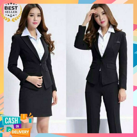 One Set Blazer Wanita Kerja  Korean Style Jumbo Stelan Jas Kantor Blezer Cewek Casual Baju 2In1 Keki