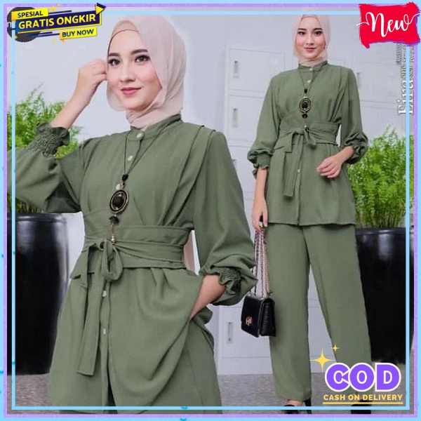 Atsan Celana Crinkle Outfit One Set Trendi Prempuan Kekinian Bju Stelan Outher Cewe Termurah Setcel 