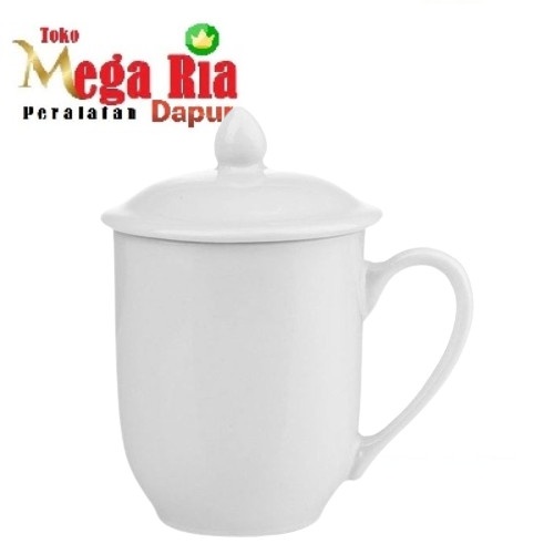 Mug Gelas Tutup Putih Keramik 340 ml