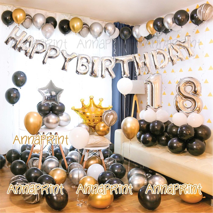 Balkar Paket Balon Dekorasi Ulang Tahun Dewasa Gold Silver Hitam Crown Gold