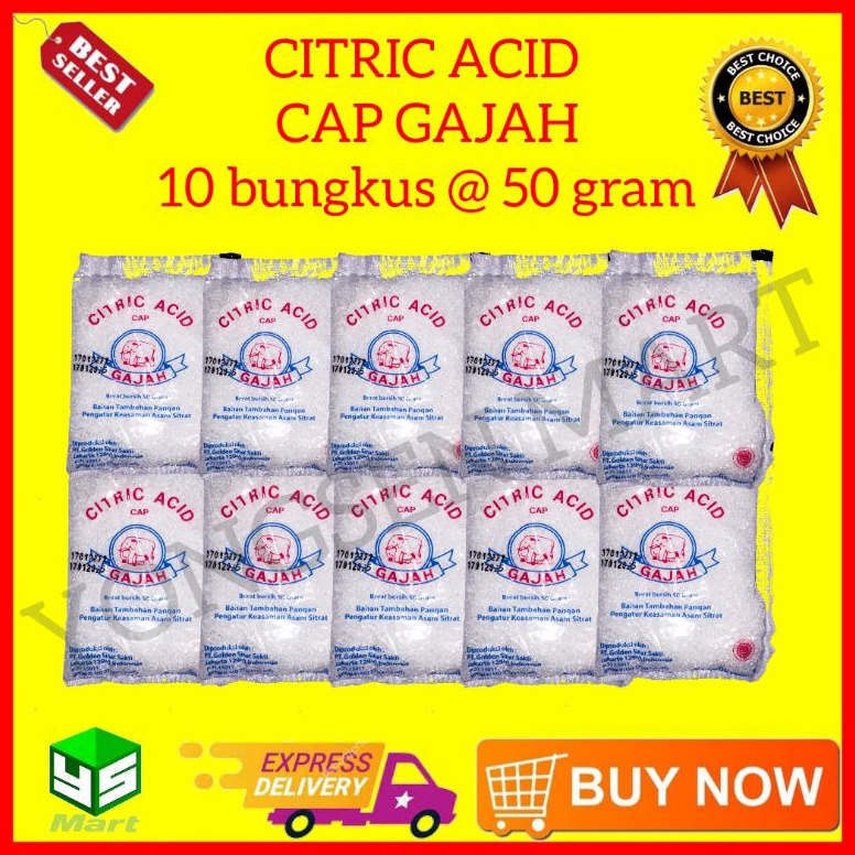 

㊡ Citric acid cap gajah 10 bungkus @ 50gr asam citrun , pemutih pembersih pakaian ⍗