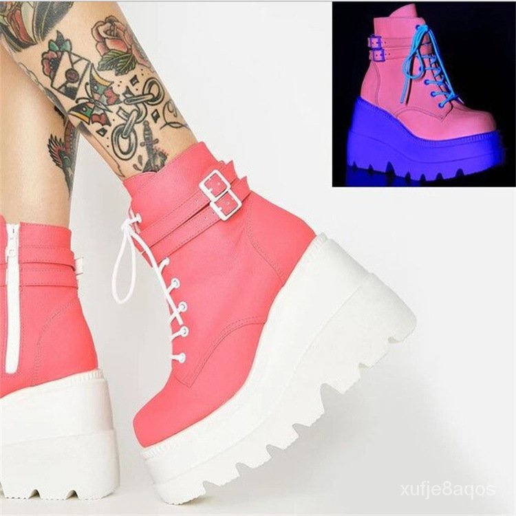 European and American belt buckle luminous women's boots 2025 autumn and winter plus size boots