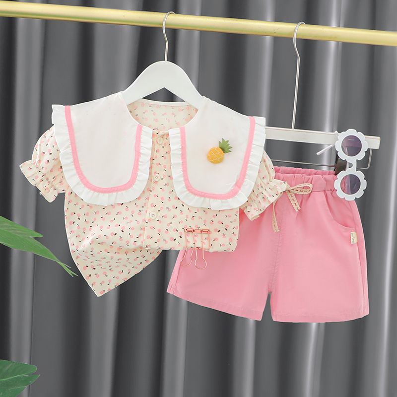 BBI COLADA Setelan anak perempuan model kerah usia 0 5 tahun set bayi perempuan motif nanas bunga bunga atasan celana pendek bahan katun adem serap keringat kualitas premium import terbaru kekinian korean style cocok untuk jalan OOTD 7090-08