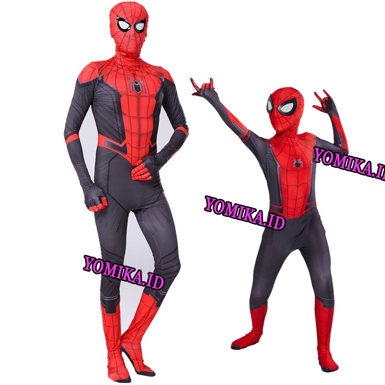 ShareNow KOSTUM SPIDERMAN Merah Hitam Baju Cosplay SUPERHERO Anak Dan dewasa + Topeng