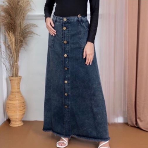 Ready Stok  Rok Jeans Span Panjang Gisca Kancing Depan Murah//Rok jeans wanita terbaru 2021/ Rok jea