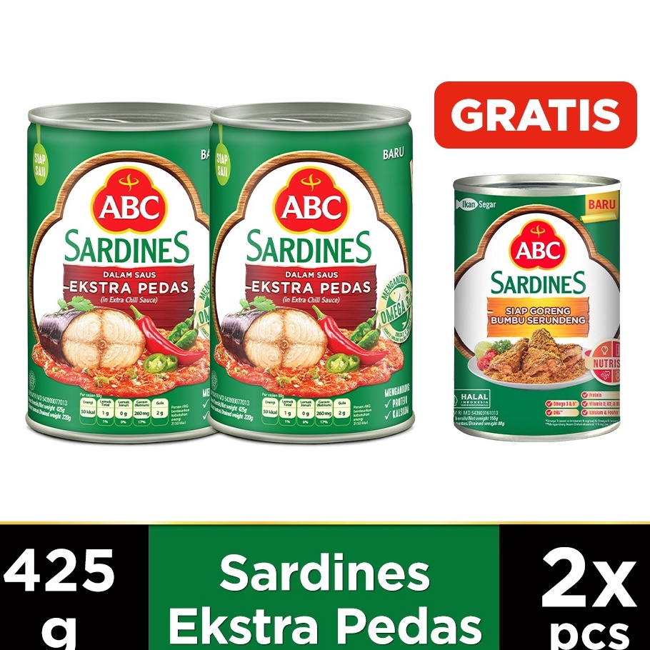

12.12 Flash Sale ABC Sarden Extra Pedas 425g 2pcs (Free Sarden Siap Goreng Bumbu Serundeng 155 g) gas !!